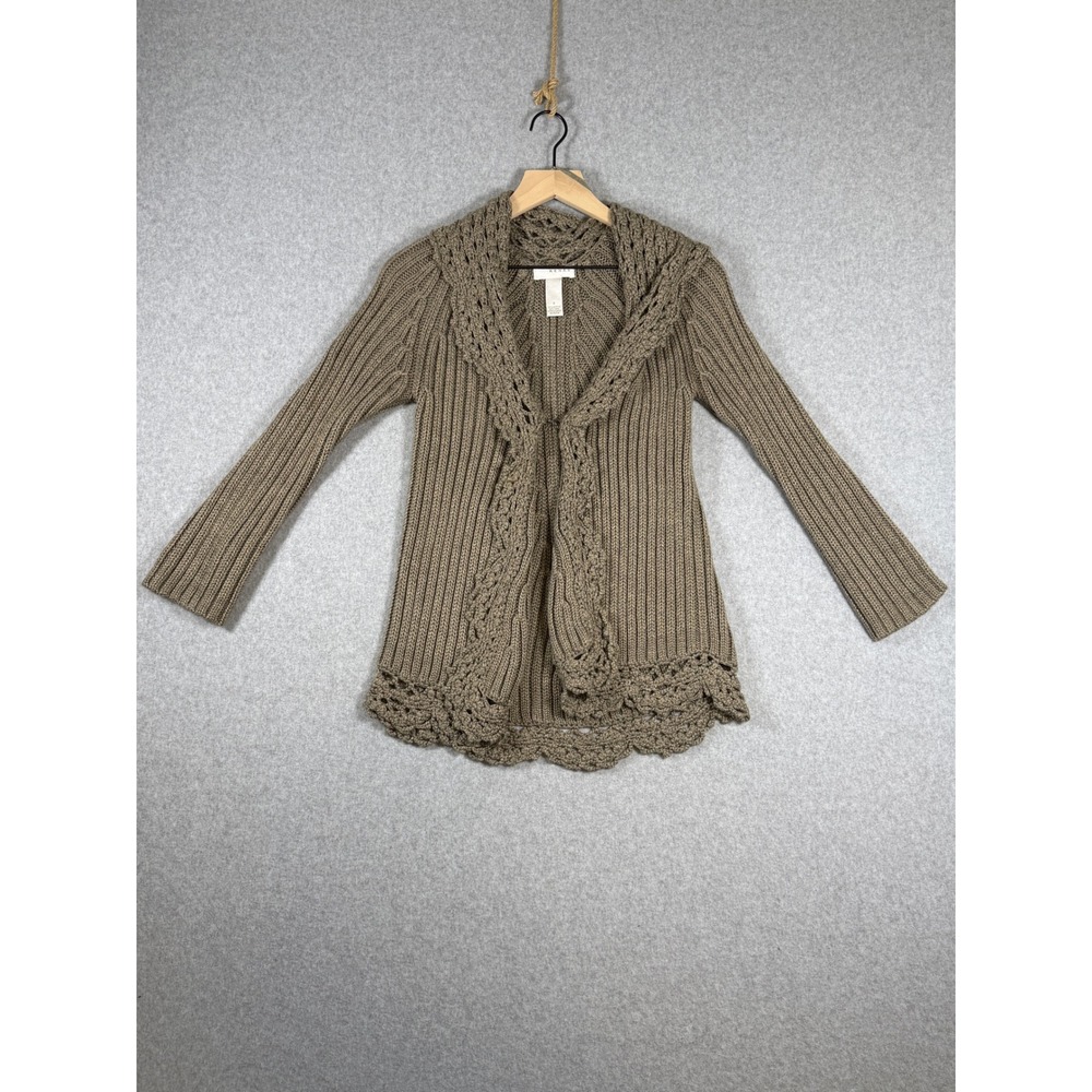 Kenar Cardigan Sweater Taupe Ribbed Crochet Trim Wool Blend Boho Earthy Cozy